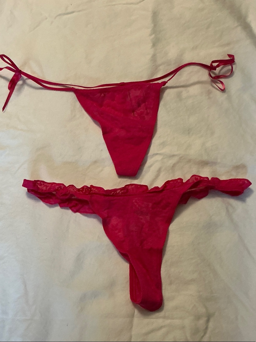 PINK Victoria's Secret Hot Pink Lace Tie-Side & Ruffle Thong Set